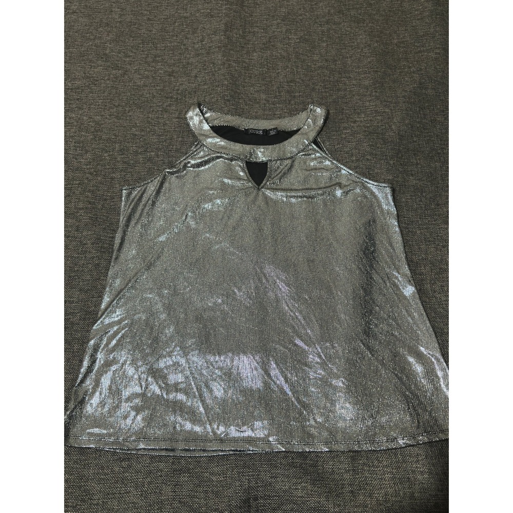 Cure Women's Large Tank Top Silver Metallic Keyhole Sleeveless Party Blouse